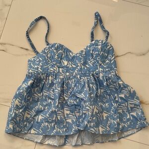 Amanda Uprichard Blue and White Floral Top M Elastic and zipper. Lined/ bra?